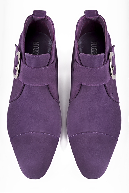 Amethyst purple women's ankle boots with buckles at the front. Round toe. Low flare heels. Top view - Florence KOOIJMAN